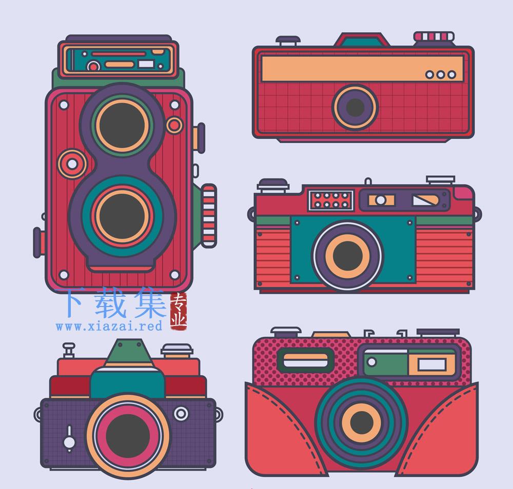 5个复古彩色摄像机照相机AI矢量素材