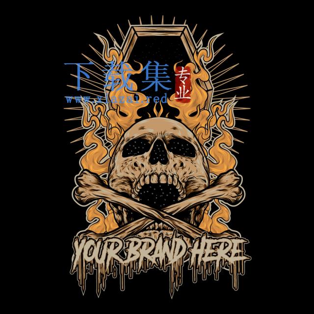 被火燃烧的骷髅头矢量插图
