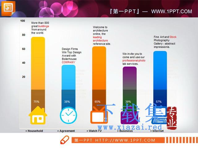 底部图标的PPT柱状图图表素材