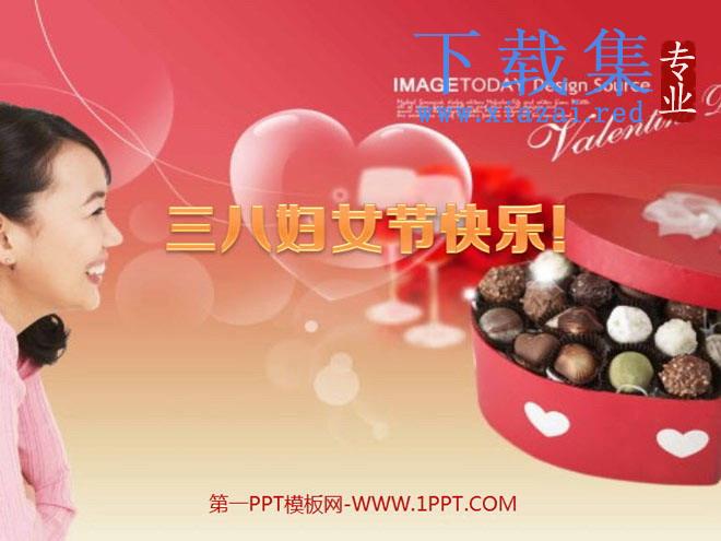 女人玫瑰巧克力爱心背景的三八妇女节PPT模板 第1张 女人玫瑰巧克力爱心背景的三八妇女节PPT模板 第1张