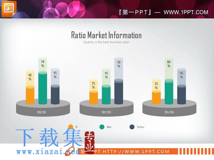 三数据对比的彩色PPT柱状图