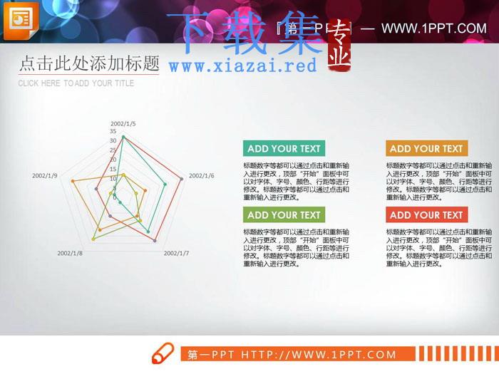 三张彩色扁平化PPT雷达图