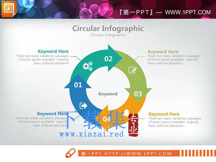 精致扁平化四箭头循环关系PPT图表