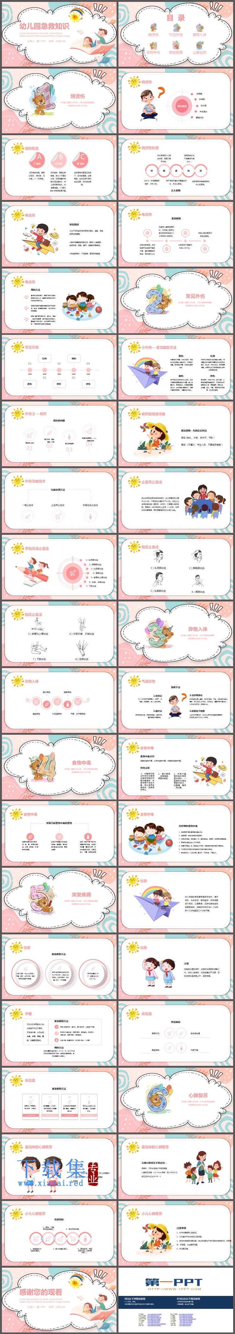 粉色卡通幼儿园急救知识PPT模板下载  第2张