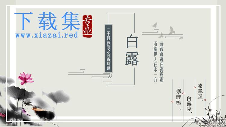 水墨荷花背景的古典中国风白露节气介绍PPT模板
