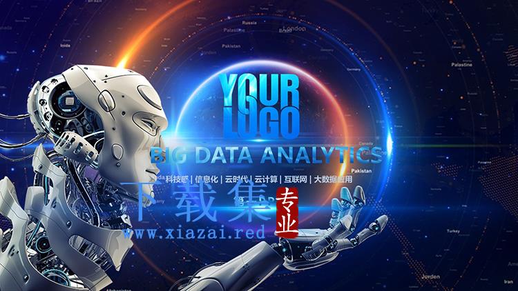 蓝色大数据与机器人背景的科技主题PPT模板下载