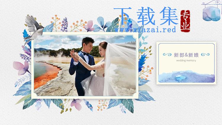 水彩花卉背景的浪漫婚礼相册PPT模板下载