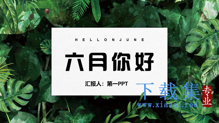 绿色水彩叶子背景的清新六月你好PPT模板下载