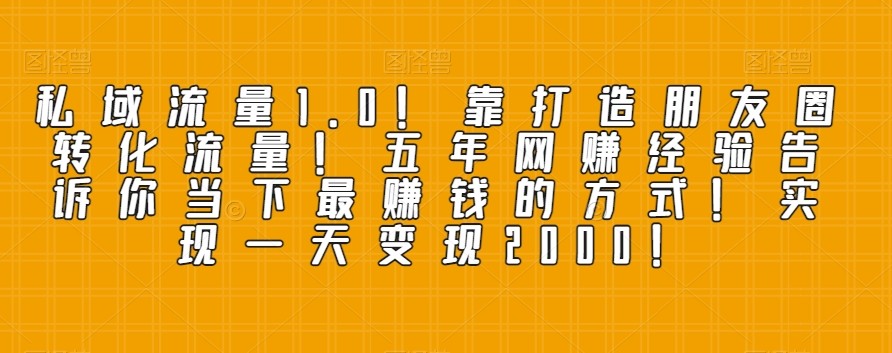 私域流量1.0！靠打造朋友圈转化流量！五年网赚经验告诉你当下最赚钱的方式！实现一天变现2000！