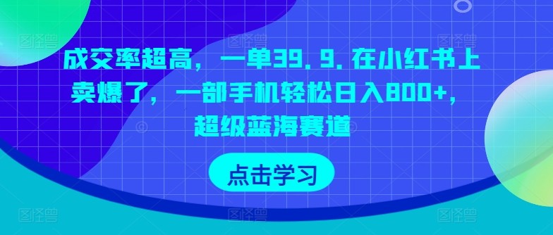 成交率超高，一单39.9.在小红书上卖爆了，一部手机轻松日入800+，超级蓝海赛道