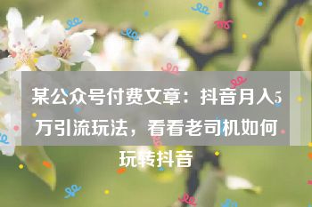 某公众号付费文章：抖音月入5万引流玩法，看看老司机如何玩转抖音