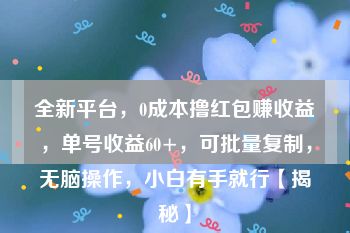 全新平台，0成本撸红包赚收益，单号收益60+，可批量复制，无脑操作，小白有手就行【揭秘】